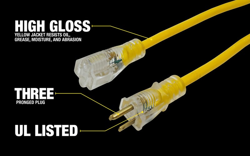 Yellow Jacket Southwire Yellow Jacket Heavy Duty Extension Cord - Reliable Outdoor Power for Tools & Equipment - Lighted End with Weather Resistant SJTW Jacket - 50 Foot - Image 2
